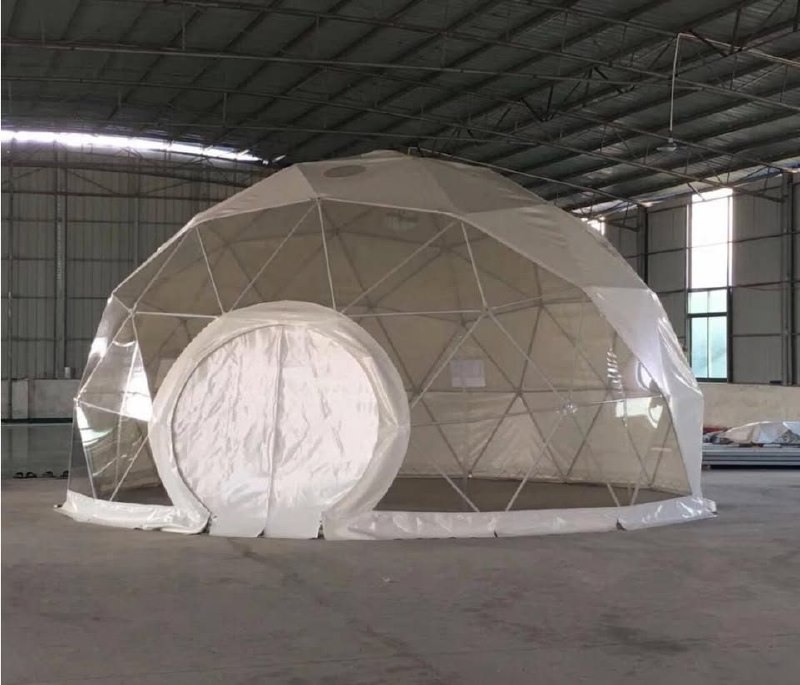 The 30ft geodesic dome set up indoors